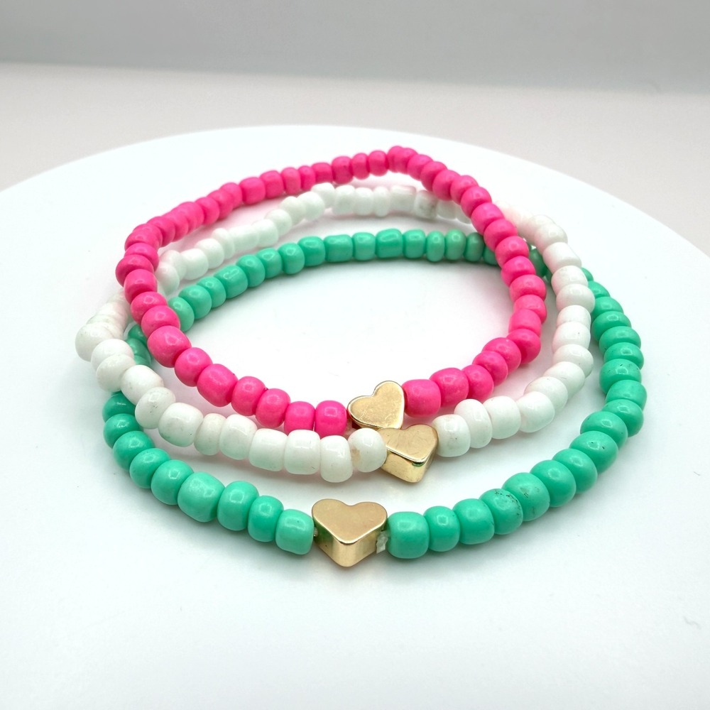 Vintage Beaded Stretch Bracelet Stack Set Pink White Teal Gold Heart